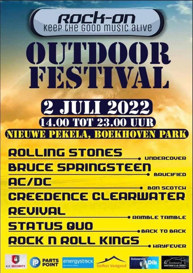 rock-on, outdoor festival, 2 juli 2022, nieuwe pekela, Undercover (Rolling Stones), Brucified (Bruce Springsteen), Ramble Tamble (CCR), Hayfever (rock'n'roll uit de jaren vijftig en zestig), back to back (Status Quo) en Bon Scotch (AC/DC)