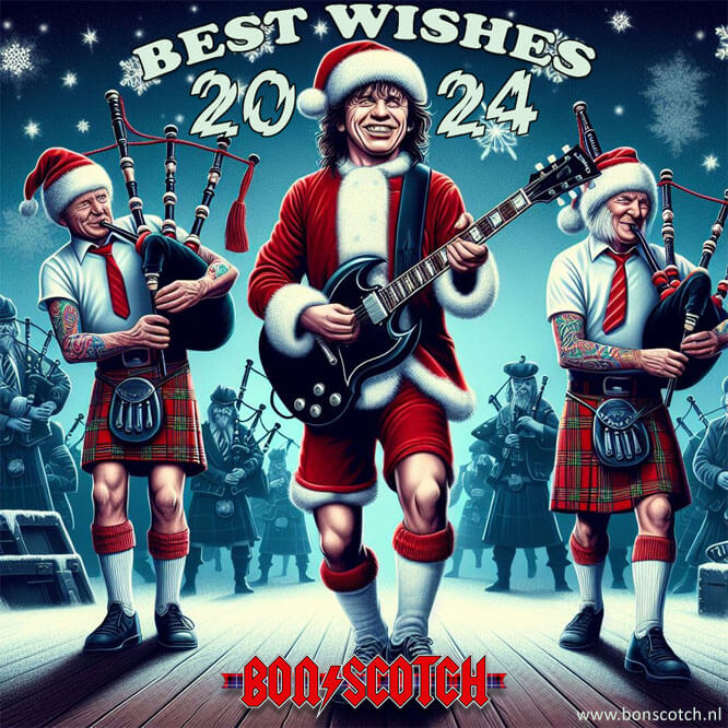 best wishes, bon scotch, ac/dc tribute, acdc, ac dc coverband, kerstkaart, 2024, bonscotch, kerstman met gitaar en doedelzakspelers, bonscotch.nl